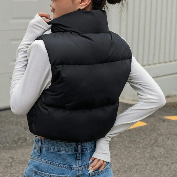 Black Casual Women's Zip Up Crop Vest Puffer Thick Coat - Picture 2 of 9